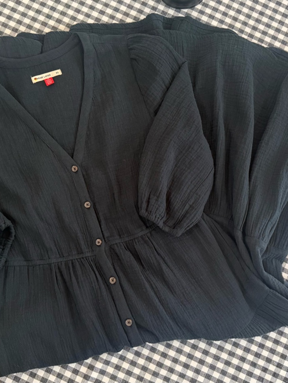 Marine Layer Black Button-Down Tiered Midi Dress 100%cotton. 3/4 sleeve